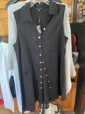 For Cynthia Linen Black Sleeveless Asymmetric Dress with Pockets Large